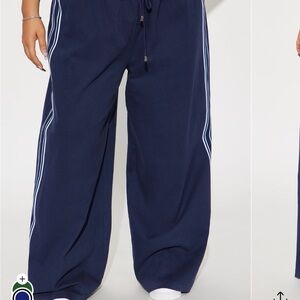Fashion Nova Navy Blue Track Pants with White Stripes